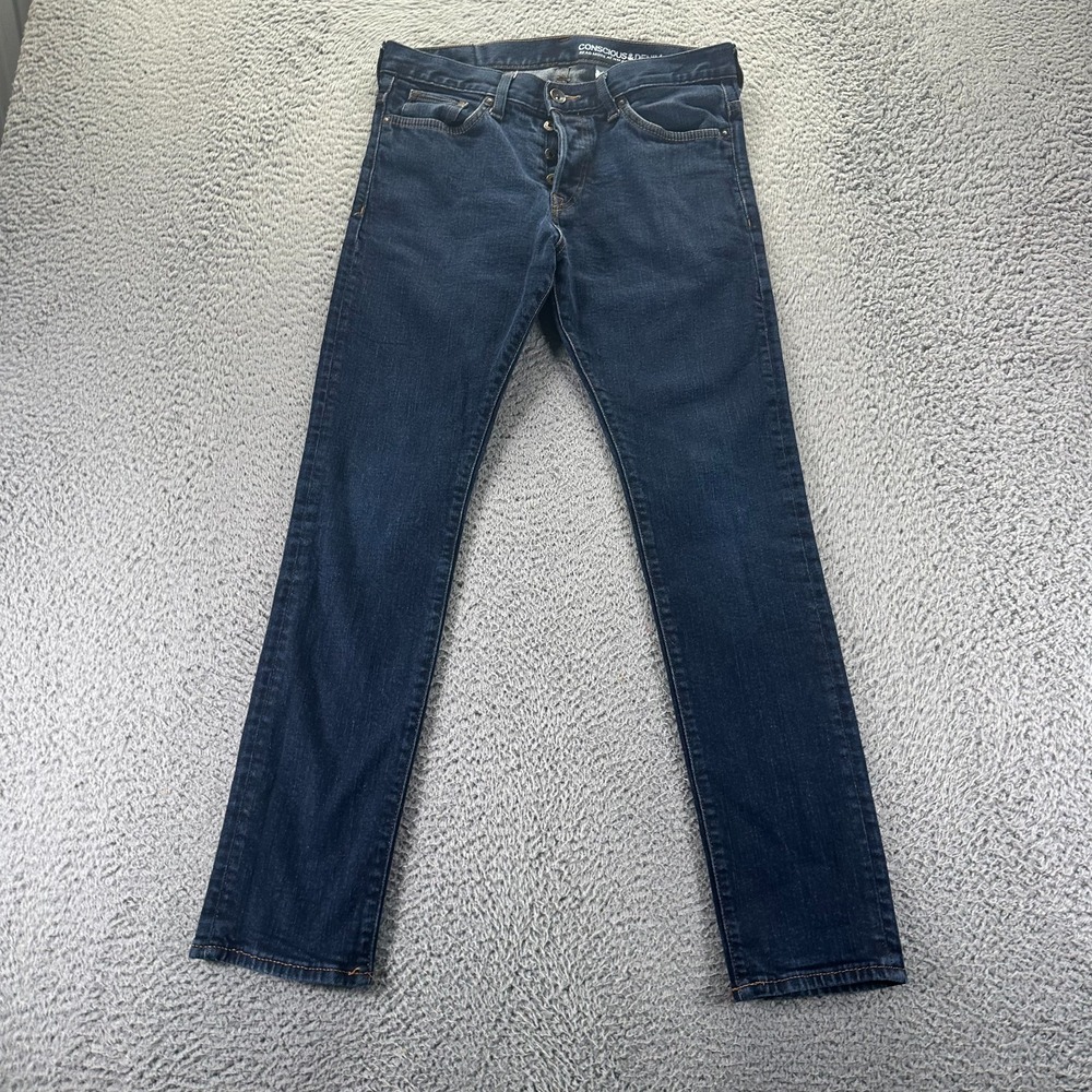 H&M Jeans Mens 32x32 Blue Denim Cotton Skinny Leg Slim Faded Button Fly Workwear